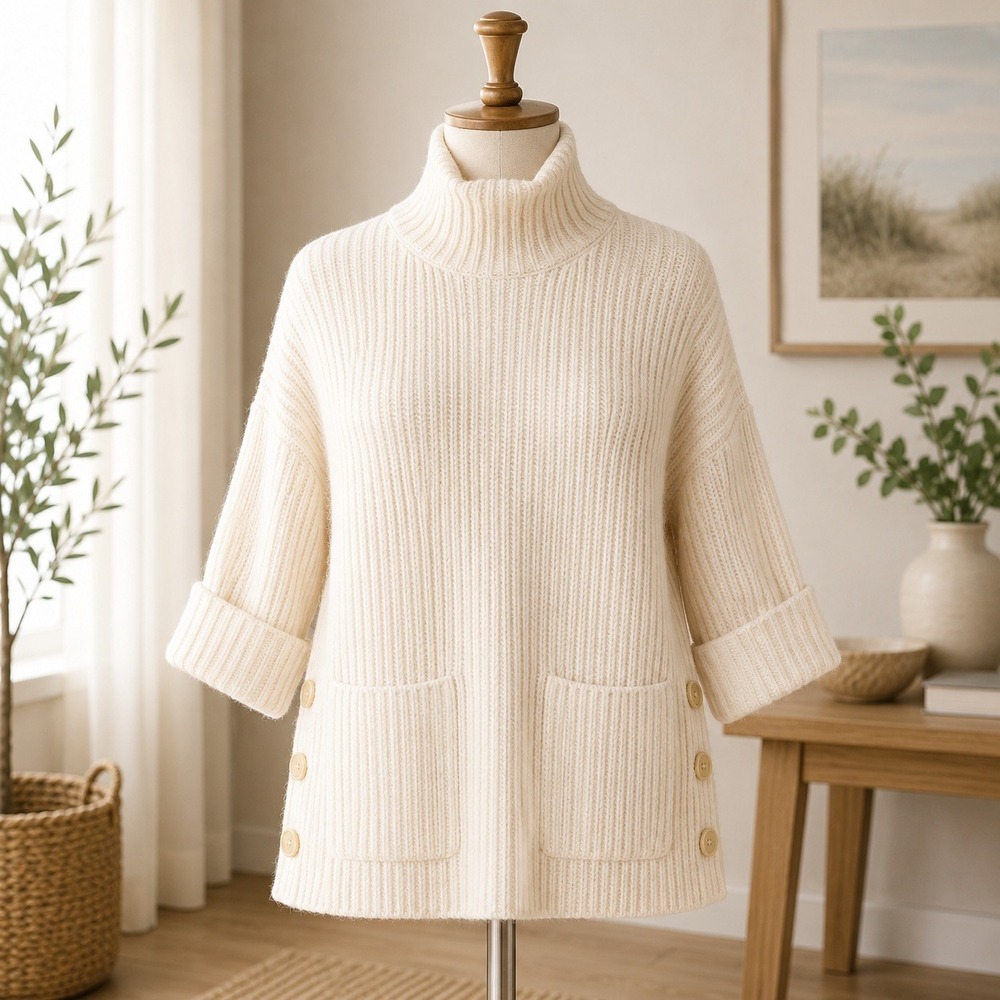 Joie Turtleneck Sweater Womens XXS/S Cream Ribbed Button Side Wool Blend Pockets